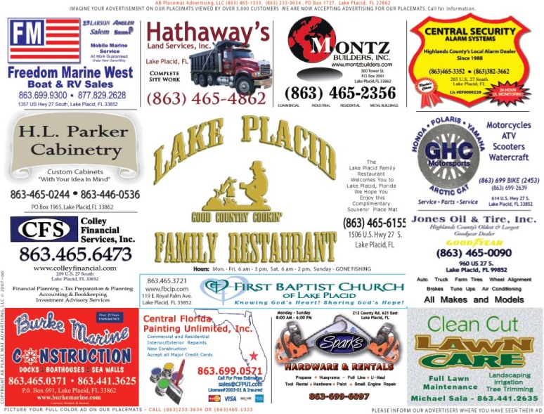 Lake Placid Placemat Advertiser